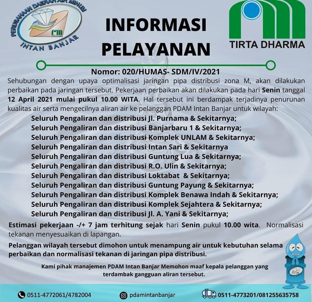Informasi Pelayanan PDAM Intan Banjar Daerah Banjarbaru