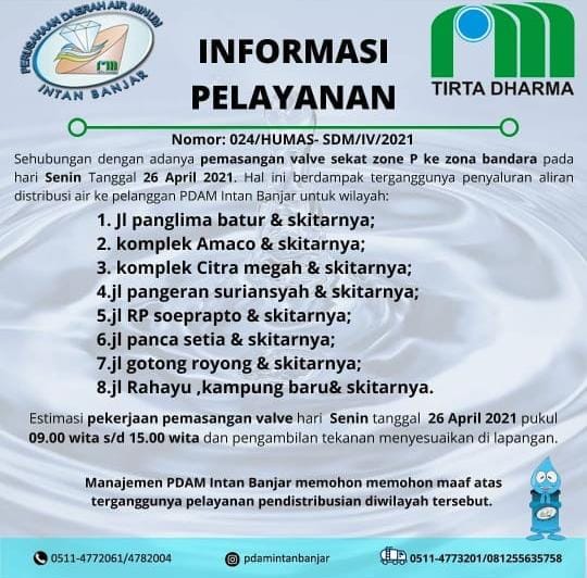 Informasi pelayanan air PDAM Intan Banjar yang terganggu