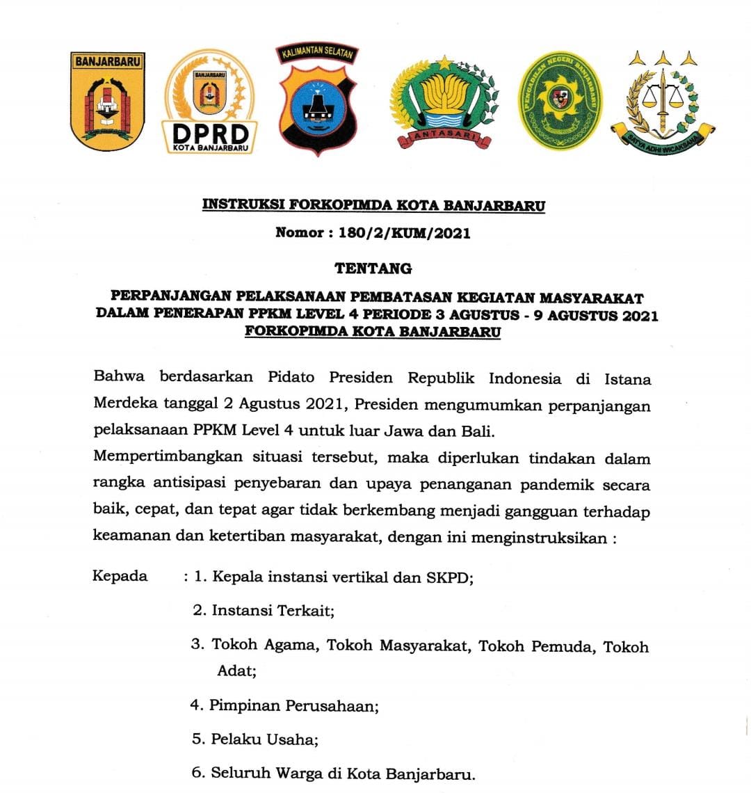 Edaran PPKM Level IV di Banjarbaru Diperpanjang Hingga 9 Agustus 2021