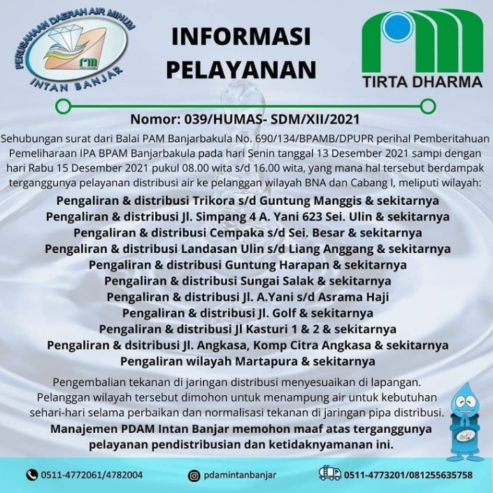 Informasi Pelayanan Pemeliharaan IPA BPAM Banjarbakula