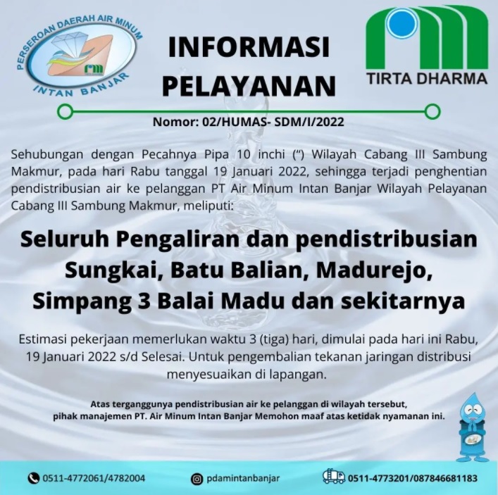 Informasi Pelayanan Pecahnya Pipa PT Air Minum Intan Banjar