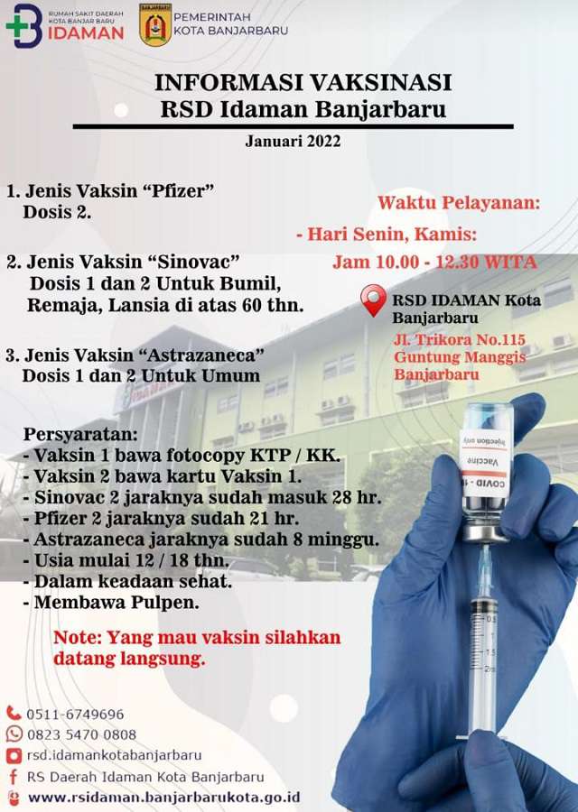 Jadwal dan Syarat Vaksin di RSD Idaman Banjarbaru